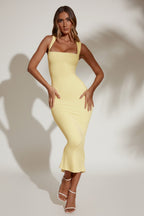 Chic Square Neck Midi Dress in Pastel Yellow