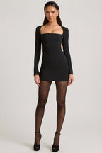 Chic Pearl-Detail Cut-Out Mini Dress in Black
