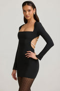 Chic Pearl-Detail Cut-Out Mini Dress in Black