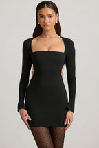 Chic Pearl-Detail Cut-Out Mini Dress in Black
