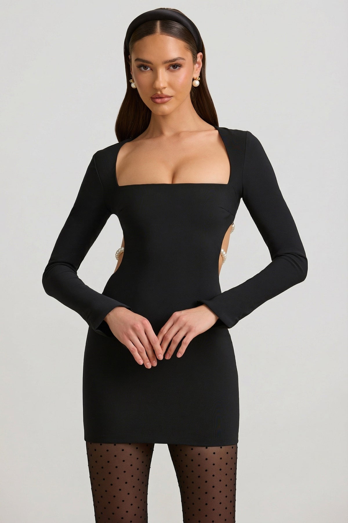 Chic Pearl-Detail Cut-Out Mini Dress in Black