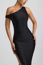 Chic Ruched Asymmetric One-Shoulder Maxi Dress in Black