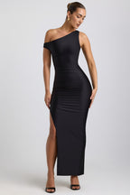 Chic Ruched Asymmetric One-Shoulder Maxi Dress in Black
