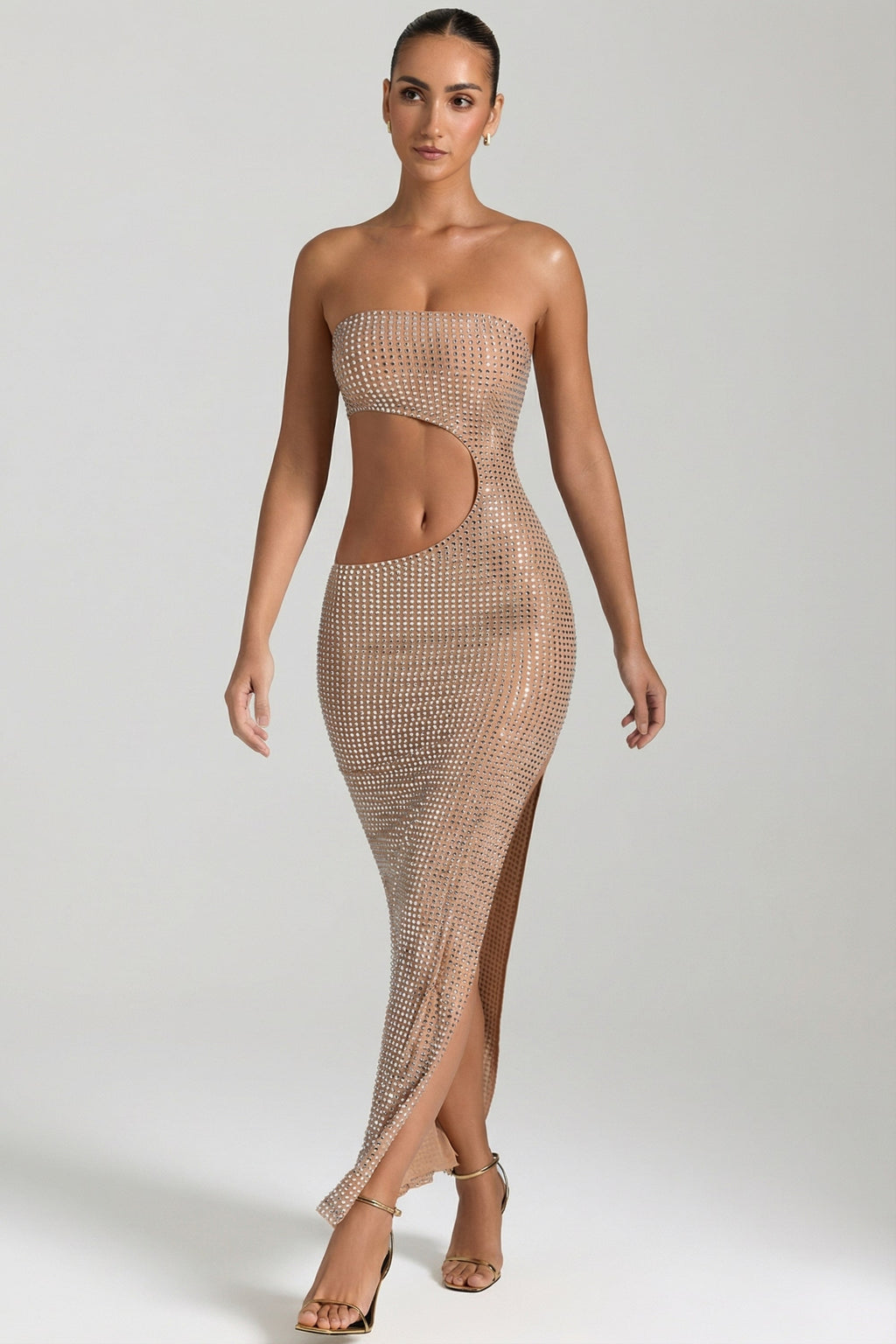 Chic Embellished Cut-Out Bandeau Maxi Dress in Honey
