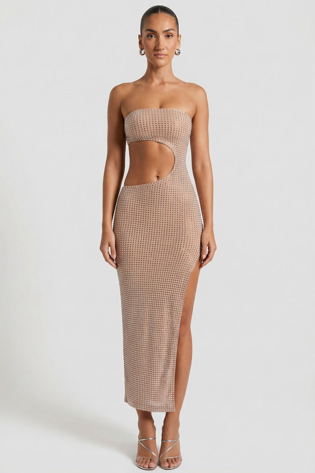 Chic Embellished Cut-Out Bandeau Maxi Dress in Honey