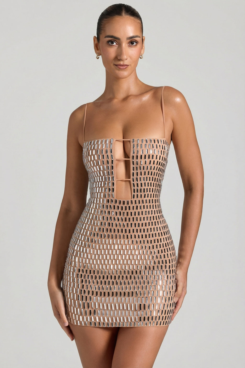 Chic Embellished Cut-Out Mini Dress in Honey