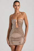 Chic Embellished Cut-Out Mini Dress in Honey