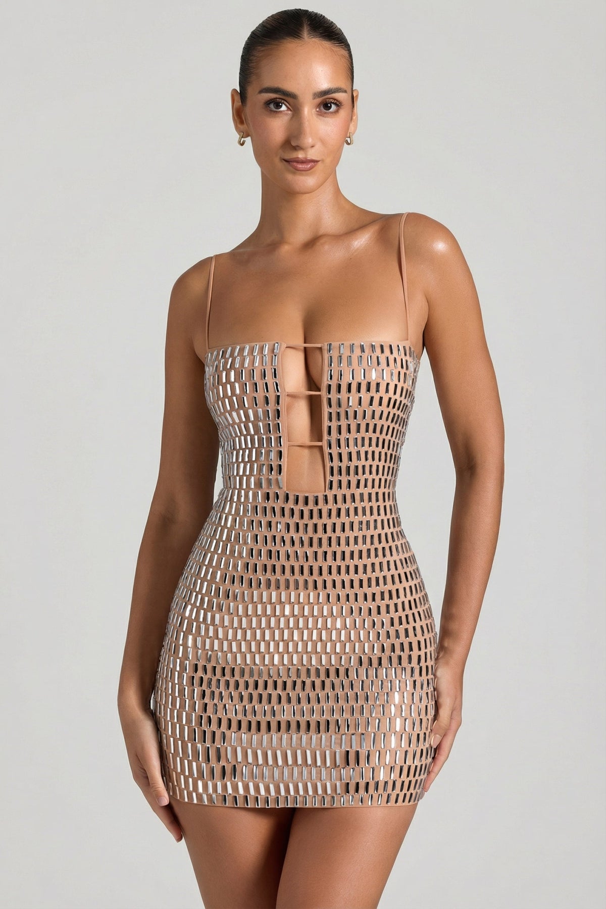 Chic Embellished Cut-Out Mini Dress in Honey