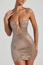 Chic Embellished Cut-Out Mini Dress in Honey