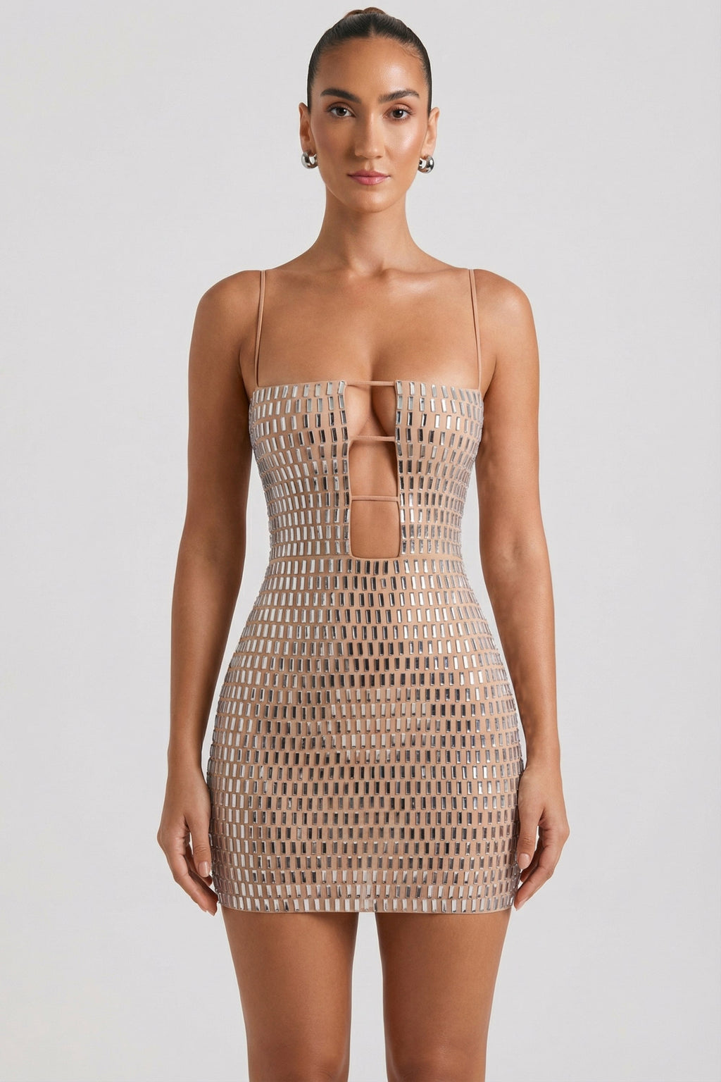 Chic Embellished Cut-Out Mini Dress in Honey