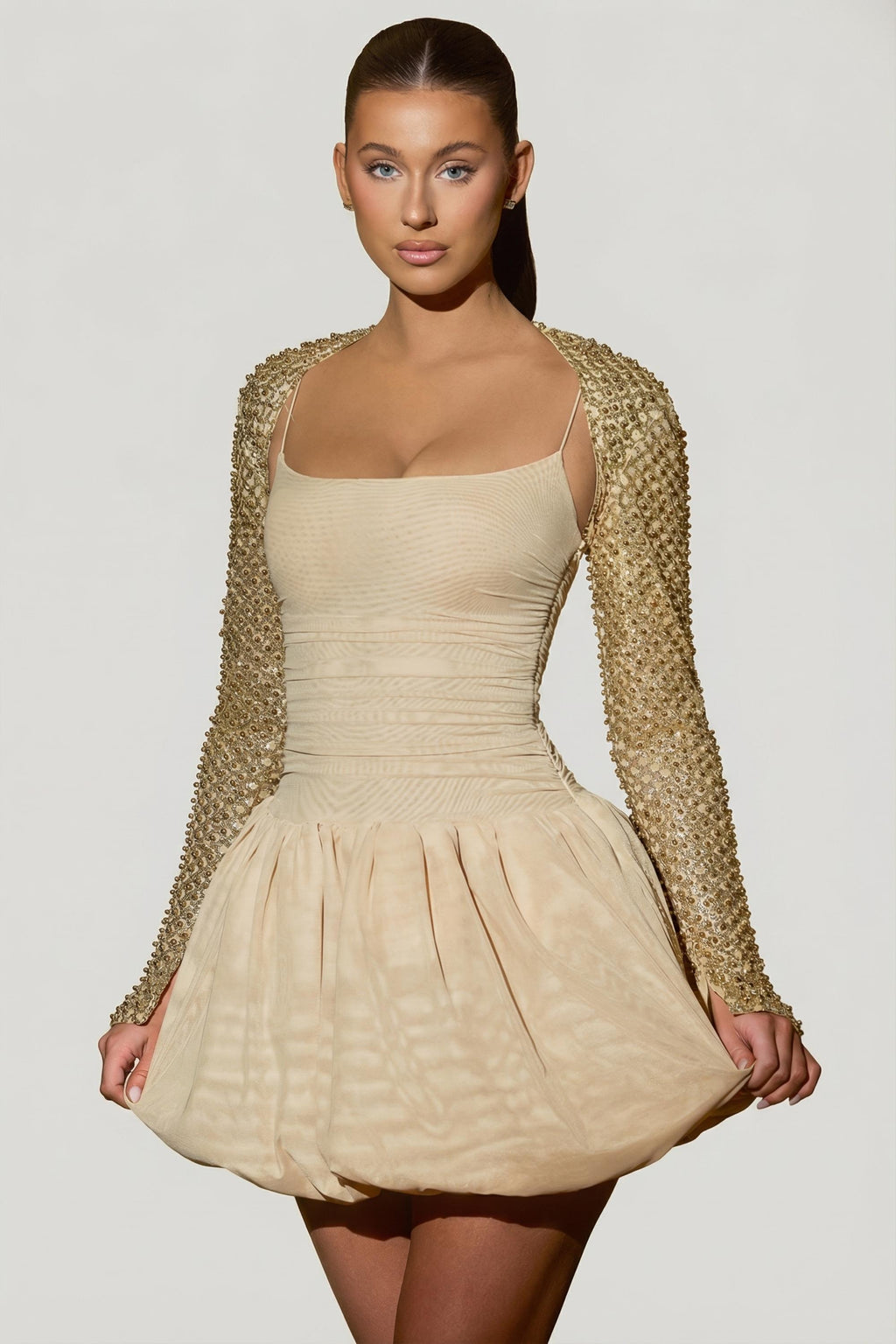 Chic Embellished Bubble Hem Mini Dress in Gold