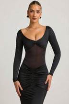 Chic Bow-Detail Ruched Maxi Dress in Black