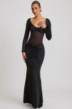 Chic Bow-Detail Ruched Maxi Dress in Black