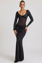 Chic Bow-Detail Ruched Maxi Dress in Black