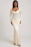 Chic Bow-Detail Ruched Maxi Dress in Ivory
