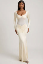 Chic Bow-Detail Ruched Maxi Dress in Ivory
