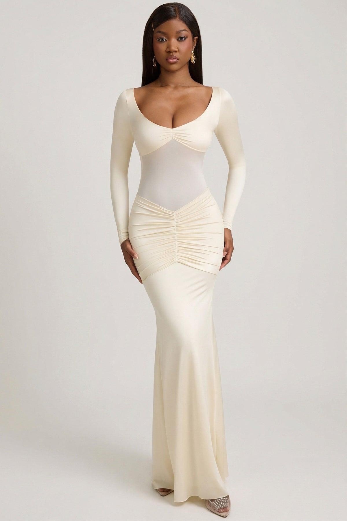 Chic Bow-Detail Ruched Maxi Dress in Ivory