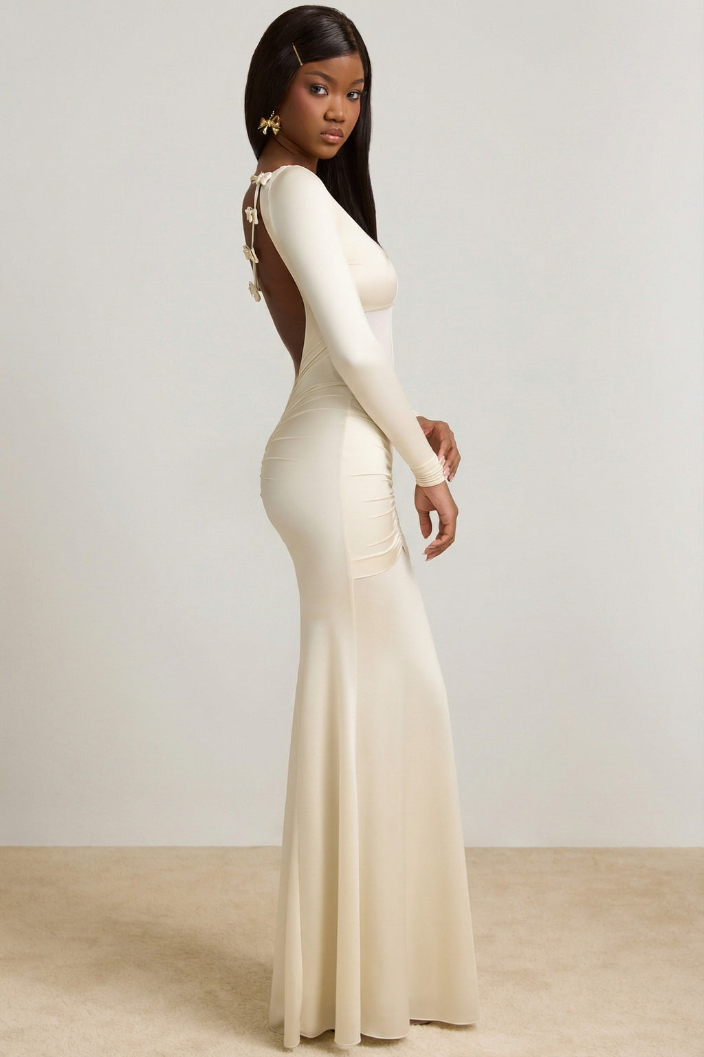 Chic Bow-Detail Ruched Maxi Dress in Ivory
