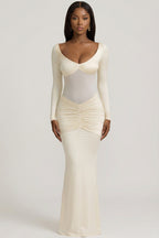 Chic Bow-Detail Ruched Maxi Dress in Ivory