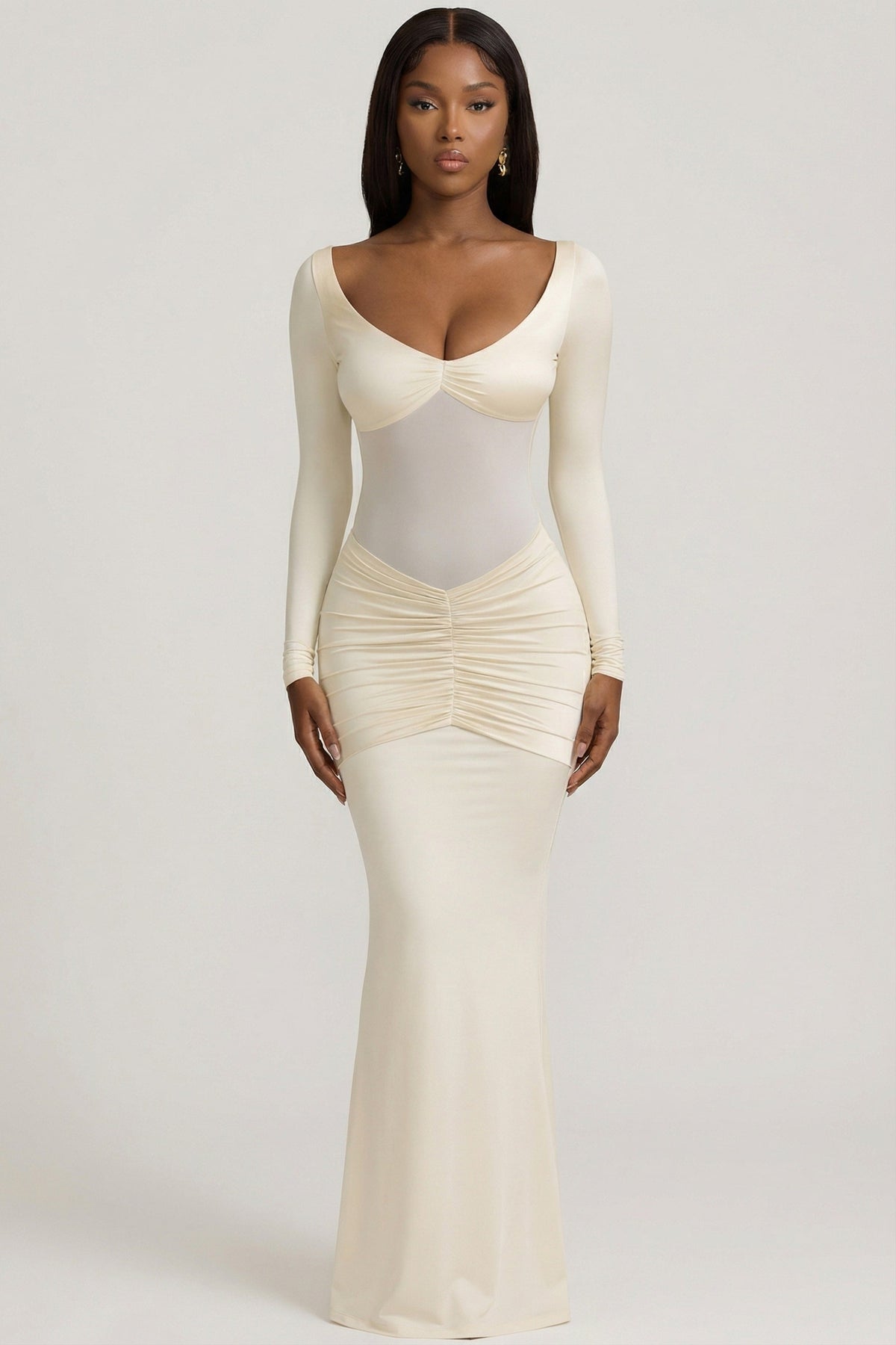 Chic Bow-Detail Ruched Maxi Dress in Ivory