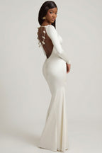 Chic Bow-Detail Ruched Maxi Dress in Ivory