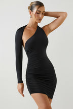 Chic Asymmetric Ruched Open-Back Mini Dress in Black