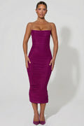Chic Ruched Backless Bodycon Midaxi Dress in Plum