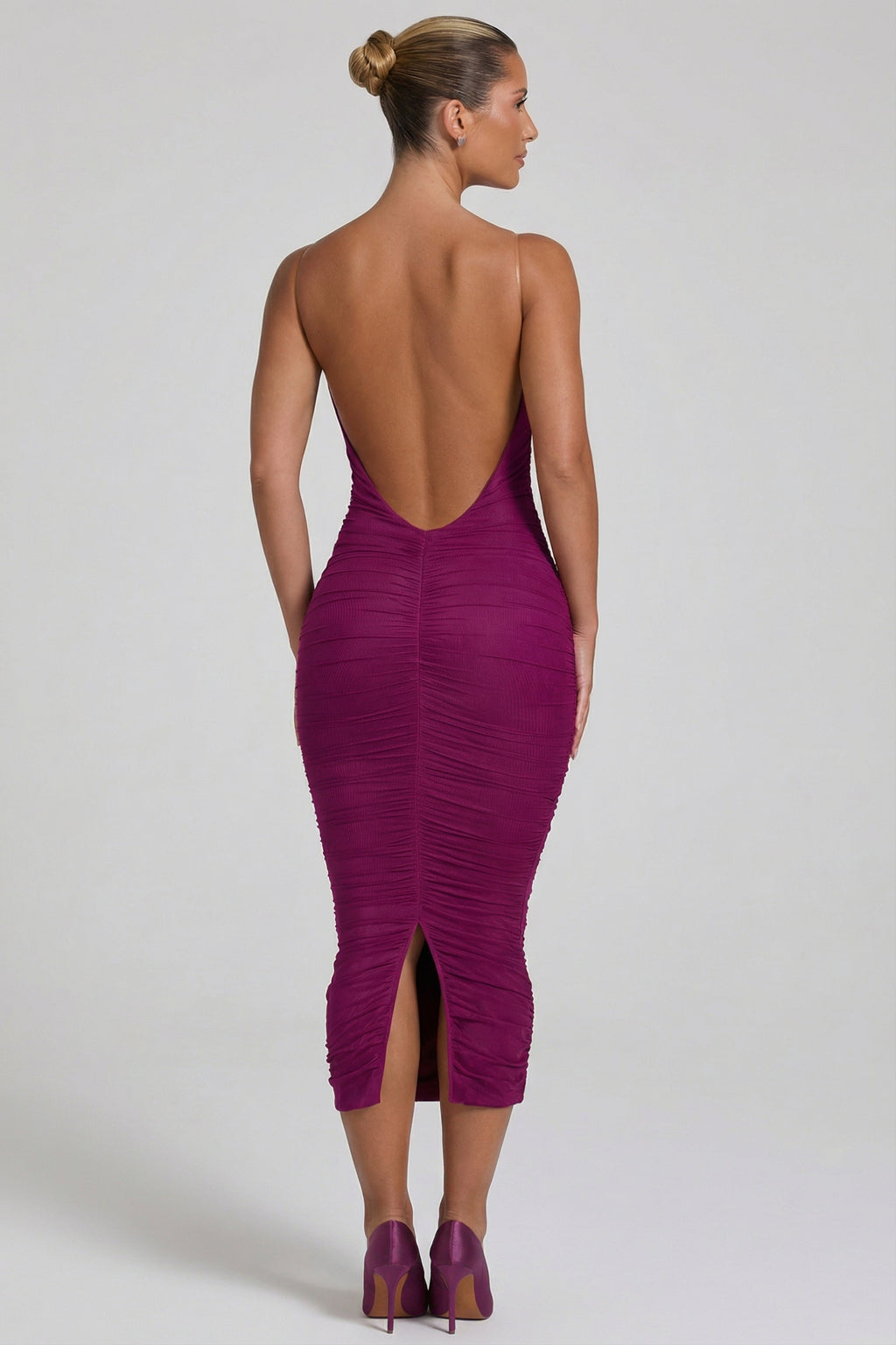 Chic Ruched Backless Bodycon Midaxi Dress in Plum