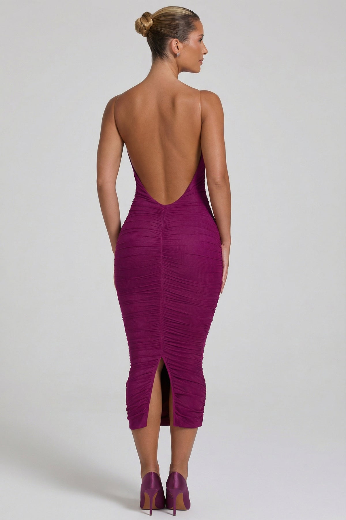 Chic Ruched Backless Bodycon Midaxi Dress in Plum
