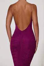 Chic Ruched Backless Bodycon Midaxi Dress in Plum