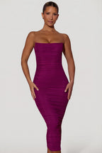 Chic Ruched Backless Bodycon Midaxi Dress in Plum