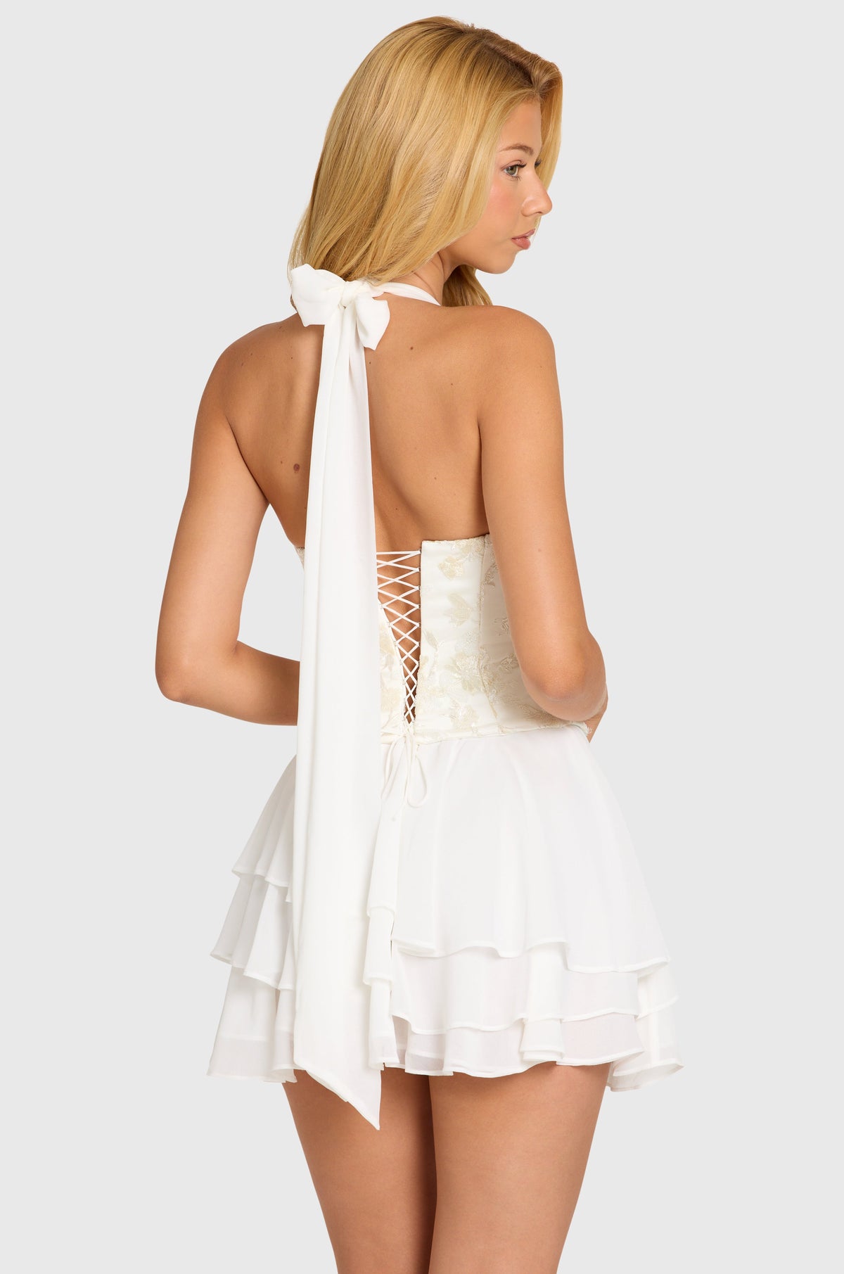 Chic Embellished Corset Mini Dress in Pearl