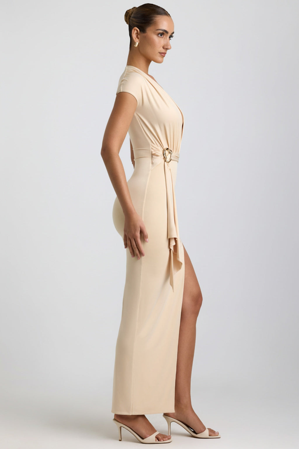 Chic Slinky Jersey Plunge Hardware Detail Maxi Dress in Buttercream