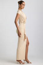 Chic Slinky Jersey Plunge Hardware Detail Maxi Dress in Buttercream
