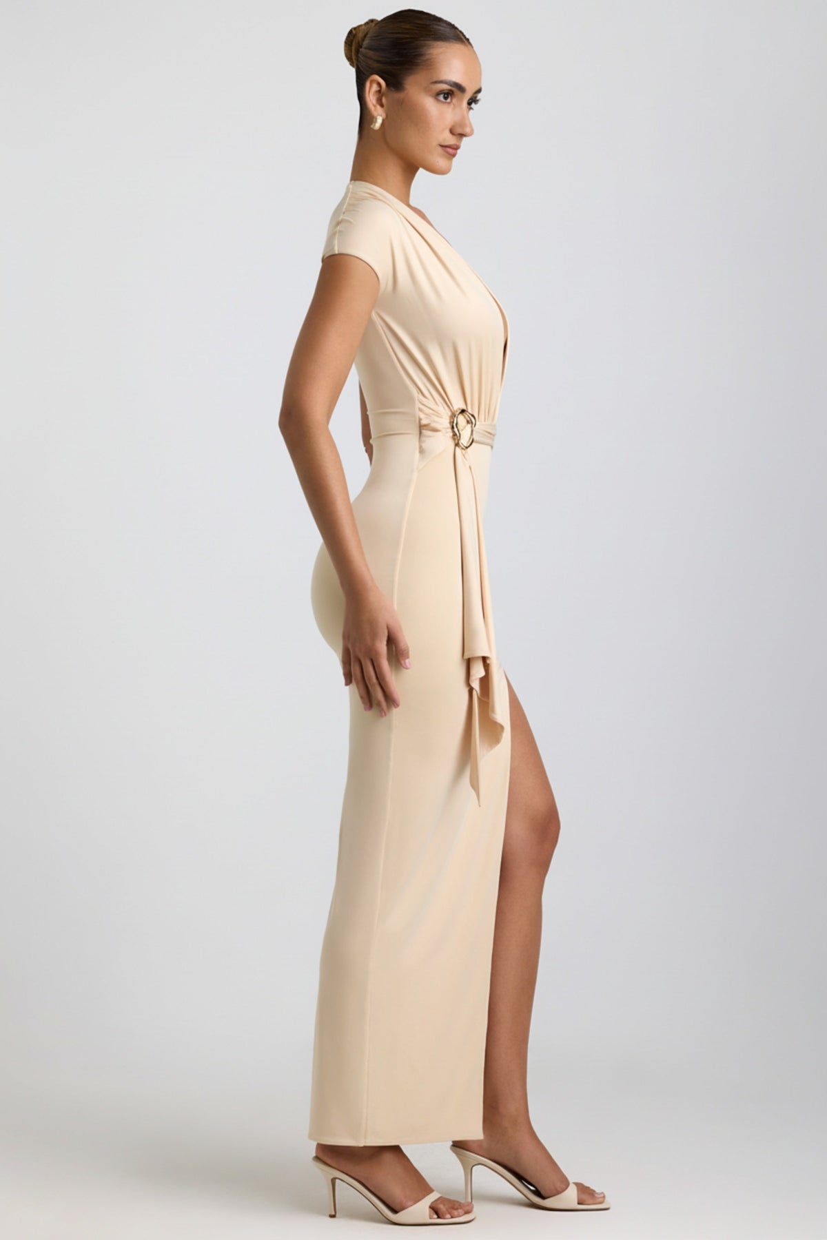Chic Slinky Jersey Plunge Hardware Detail Maxi Dress in Buttercream