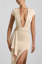 Chic Slinky Jersey Plunge Hardware Detail Maxi Dress in Buttercream