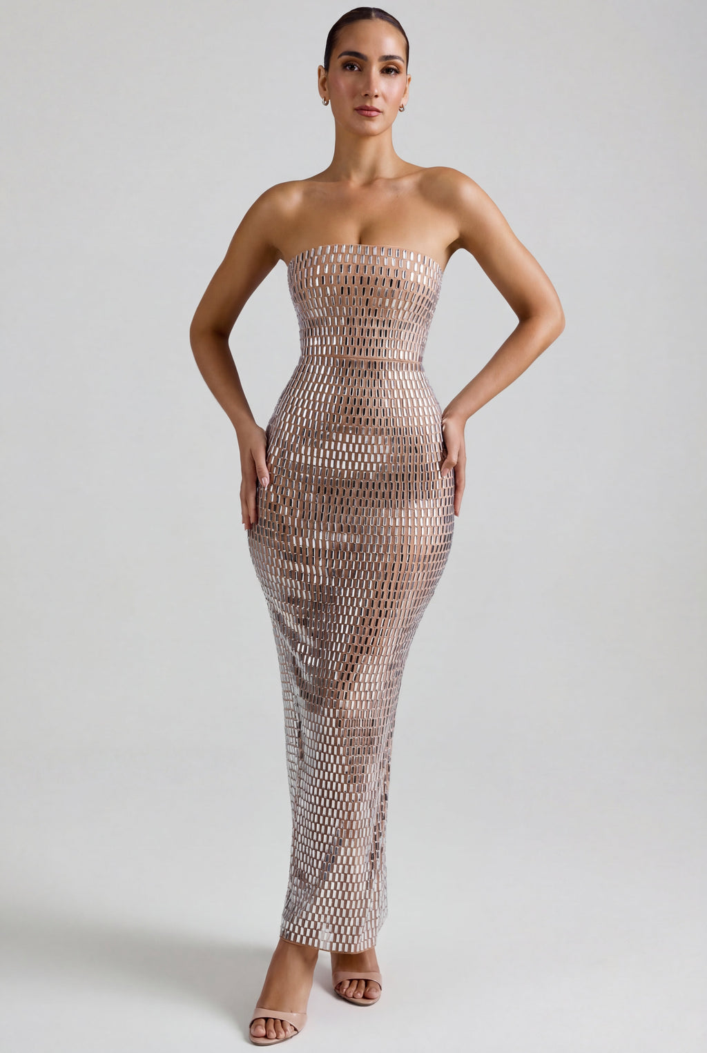 Chic Embellished Bandeau Maxi Dress in Almond