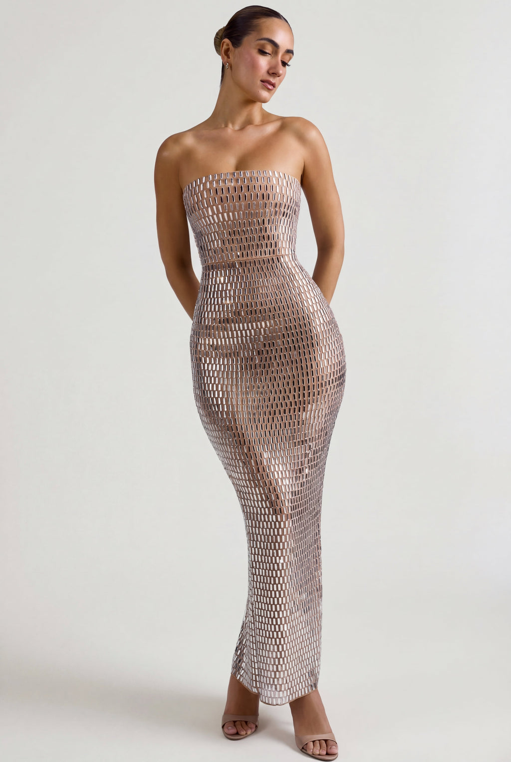 Chic Embellished Bandeau Maxi Dress in Almond