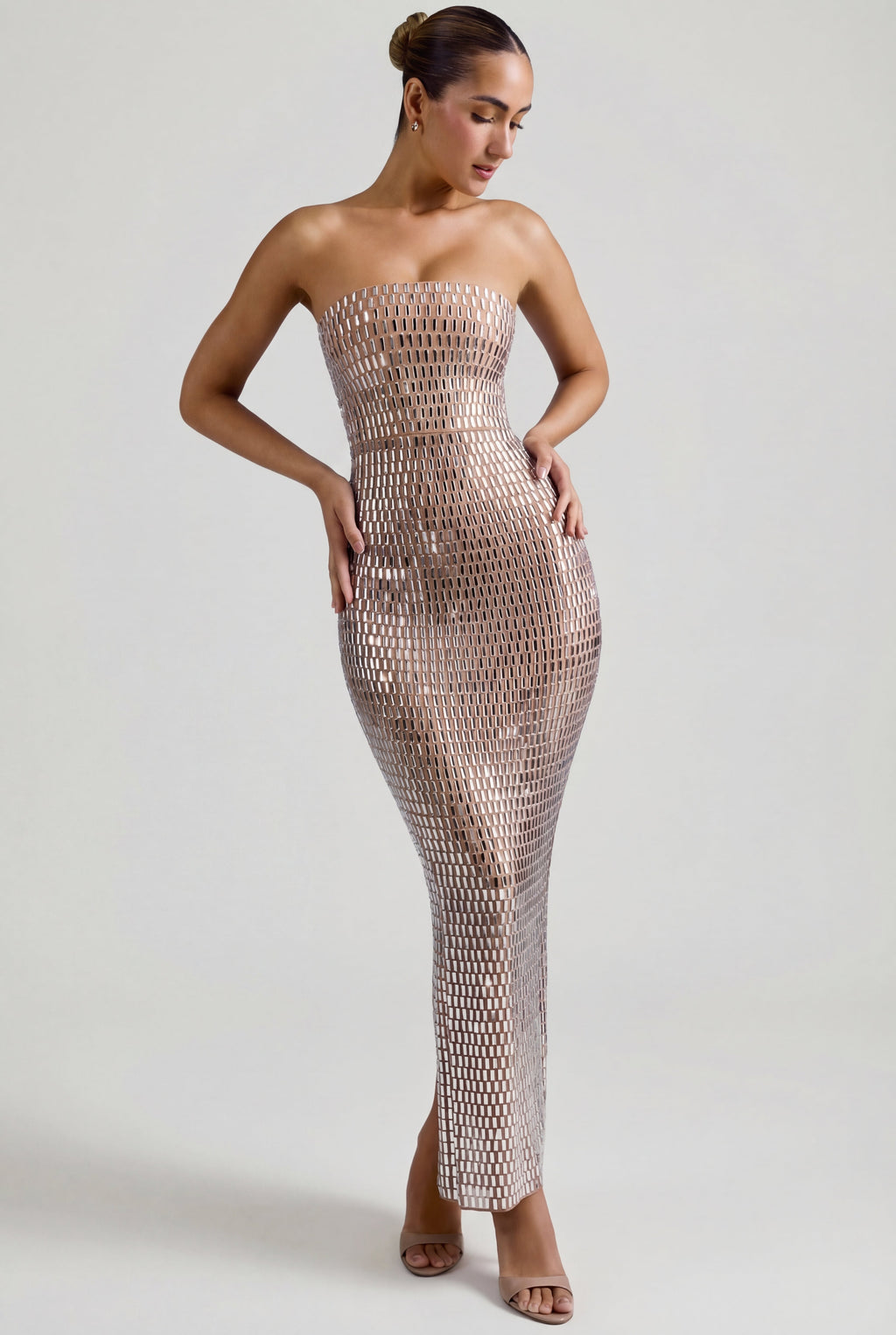 Chic Embellished Bandeau Maxi Dress in Almond
