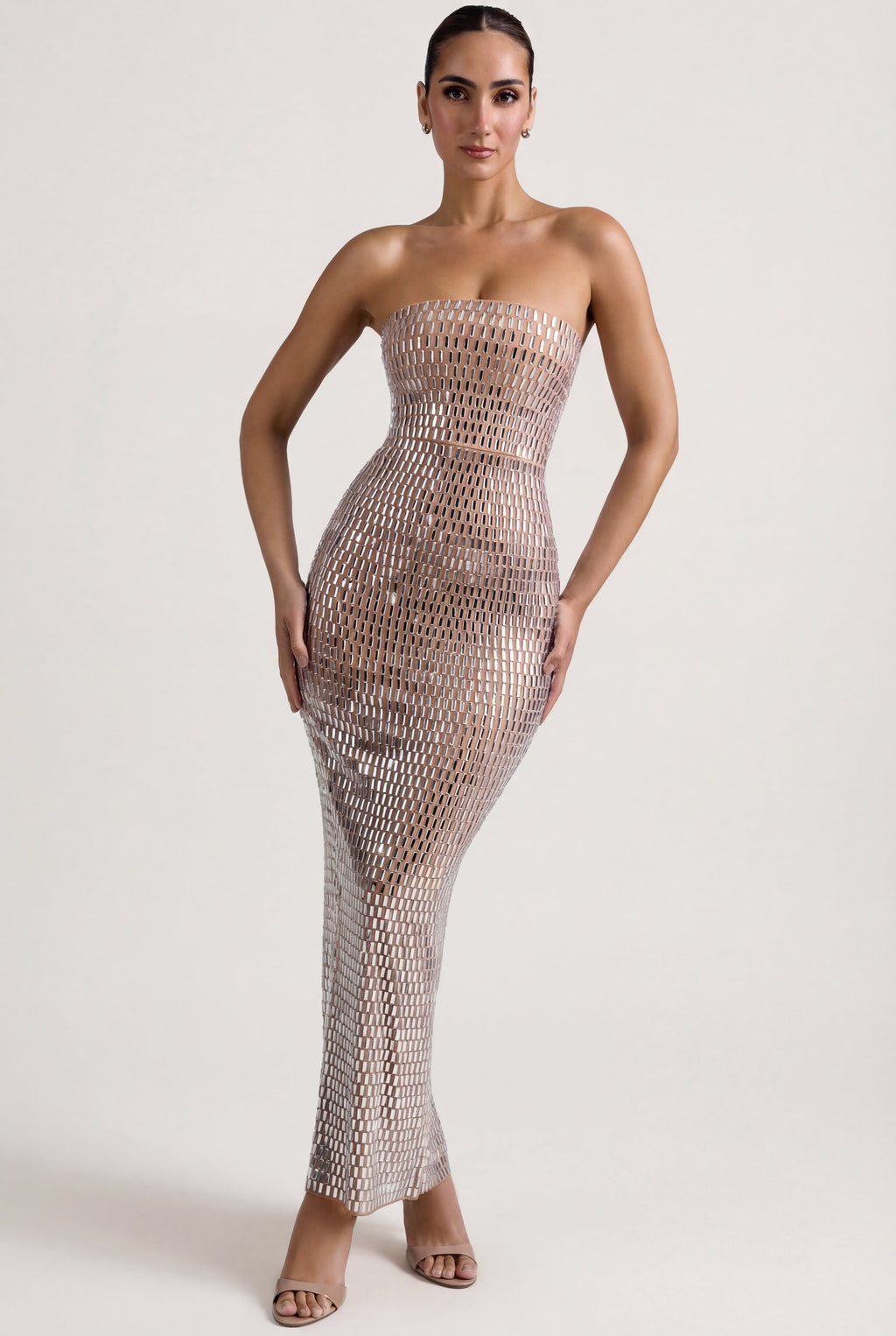 Chic Embellished Bandeau Maxi Dress in Almond