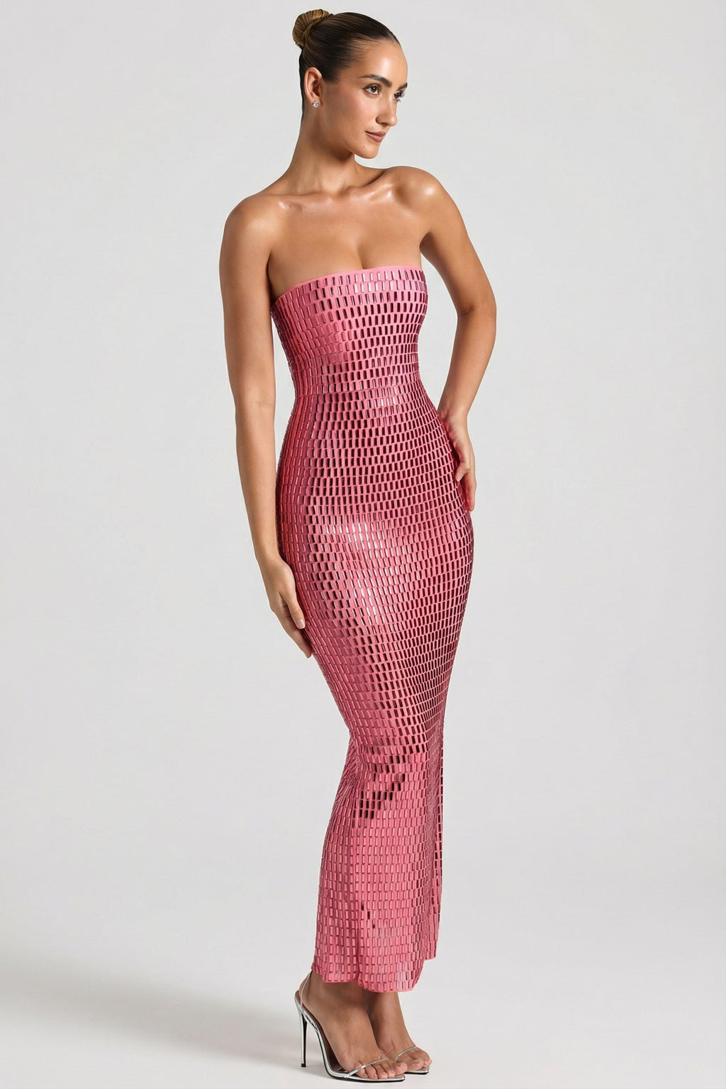 Chic Embellished Strapless Bandeau Maxi Dress in Watermelon
