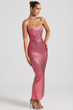 Chic Embellished Strapless Bandeau Maxi Dress in Watermelon