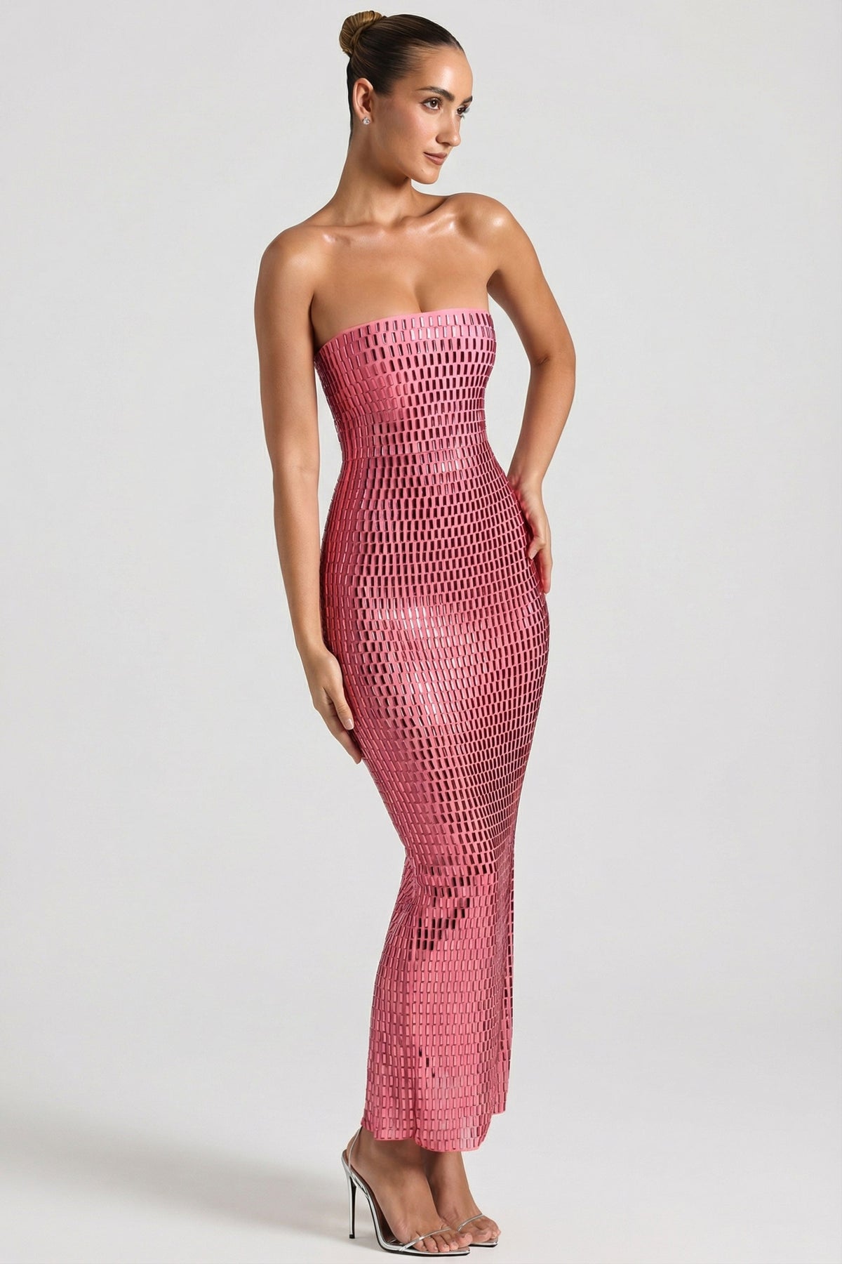 Chic Embellished Strapless Bandeau Maxi Dress in Watermelon