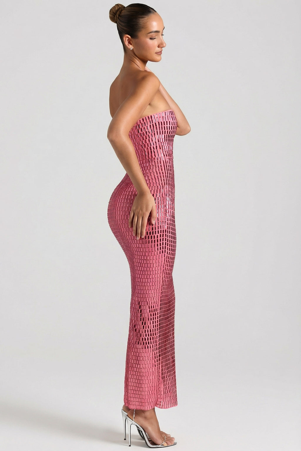 Chic Embellished Strapless Bandeau Maxi Dress in Watermelon