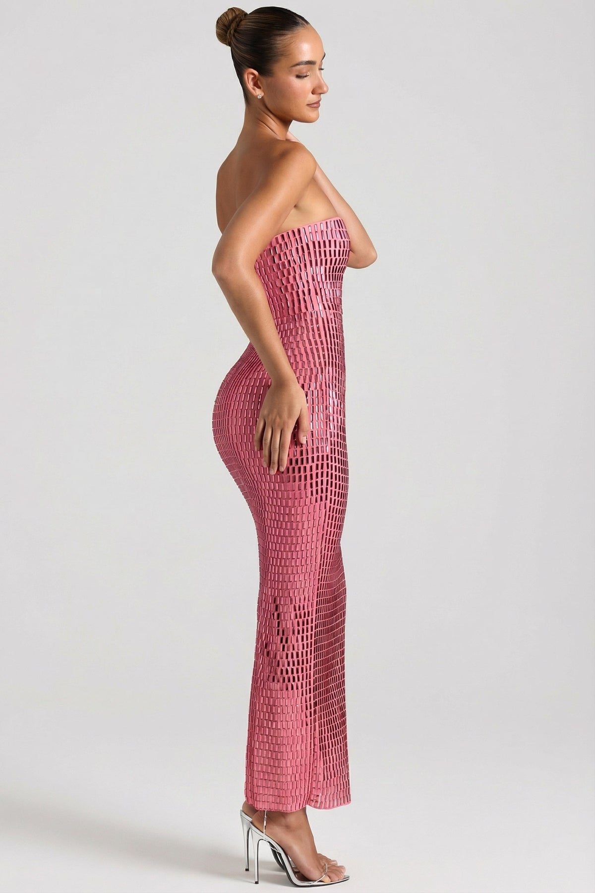 Chic Embellished Strapless Bandeau Maxi Dress in Watermelon
