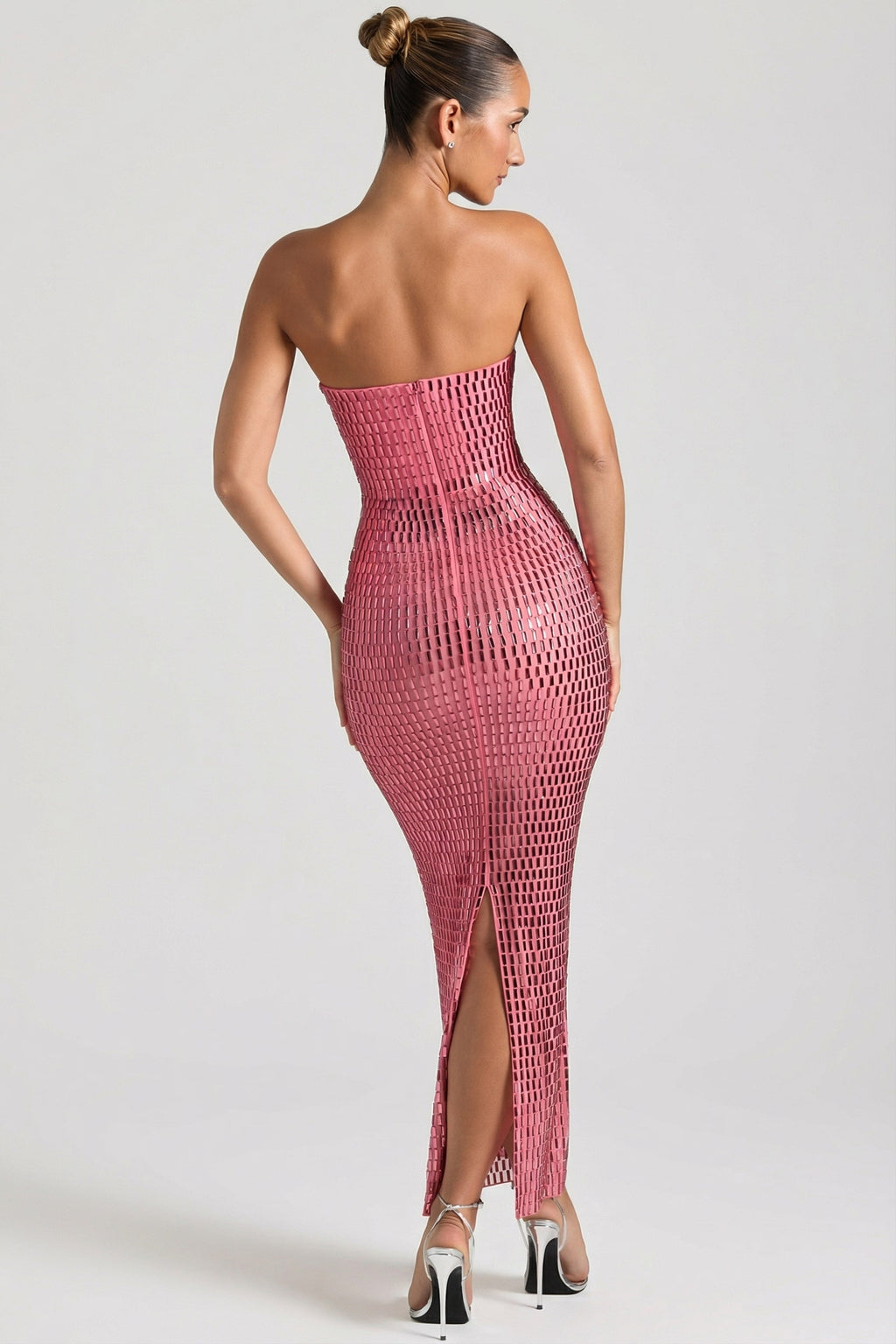 Chic Embellished Strapless Bandeau Maxi Dress in Watermelon
