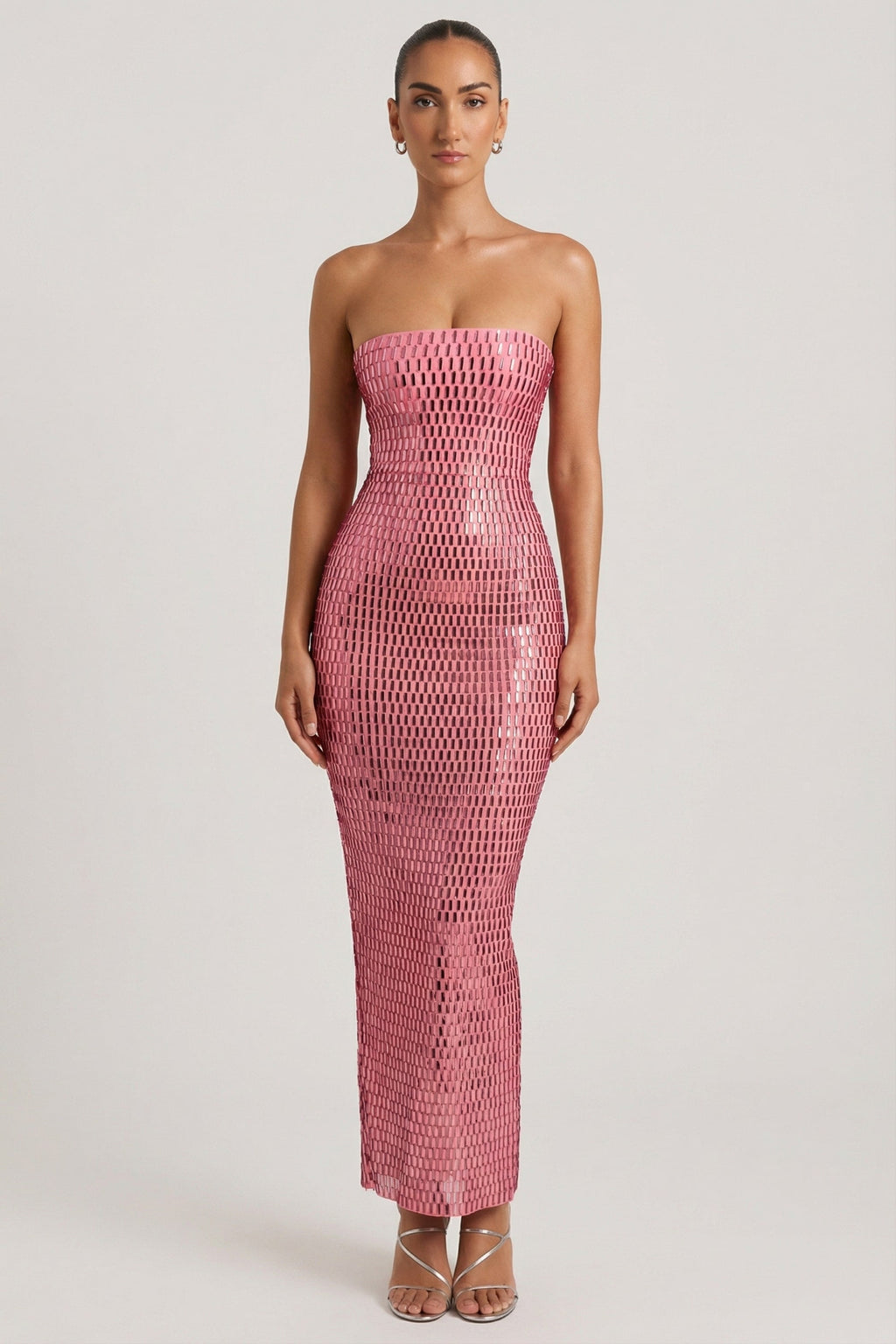 Chic Embellished Strapless Bandeau Maxi Dress in Watermelon