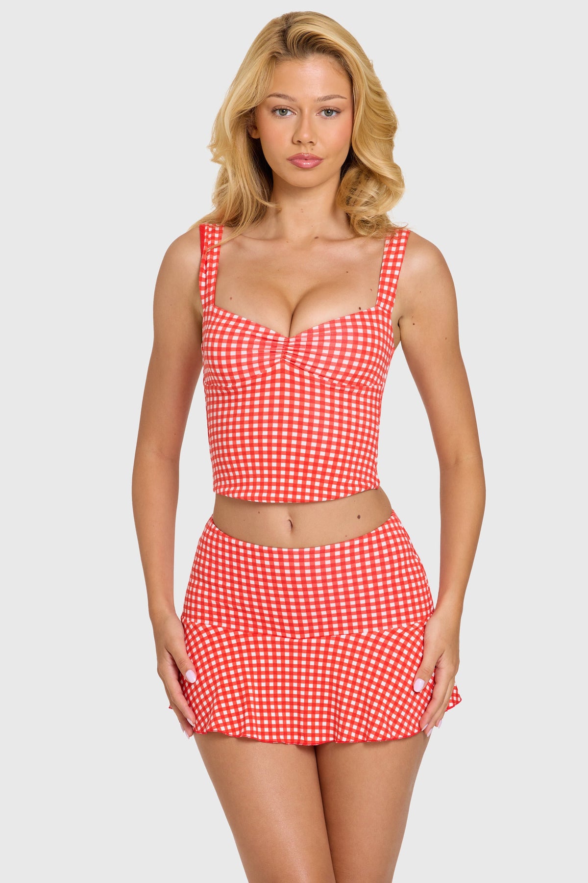 Chic Modal Ruched Bust Top in Red Gingham