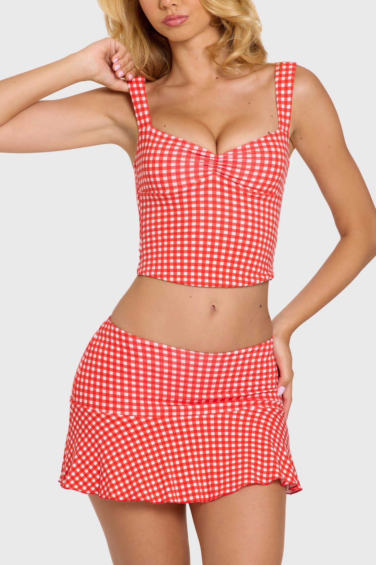 Chic Modal Ruched Bust Top in Red Gingham