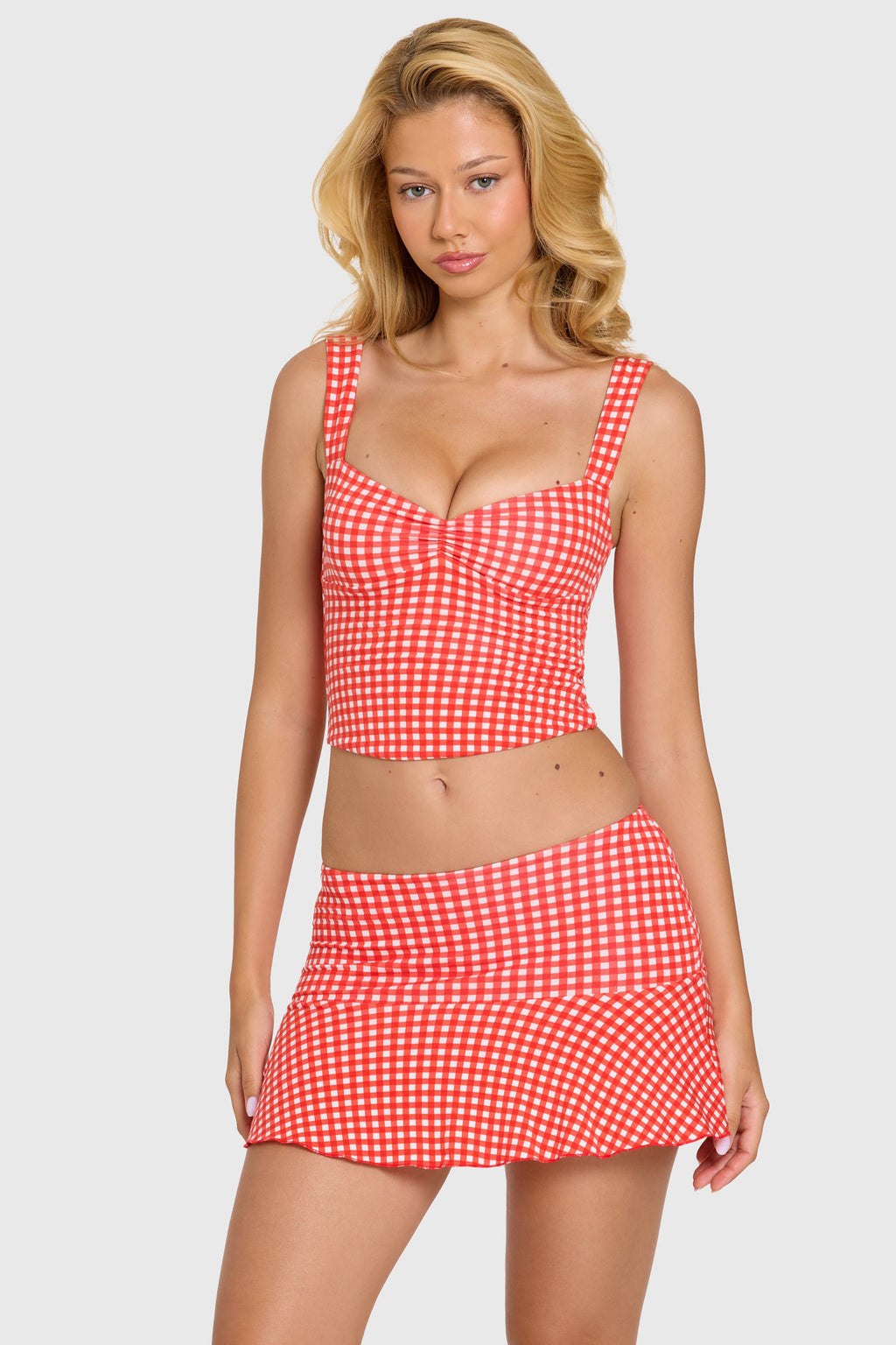 Chic Modal Ruched Bust Top in Red Gingham